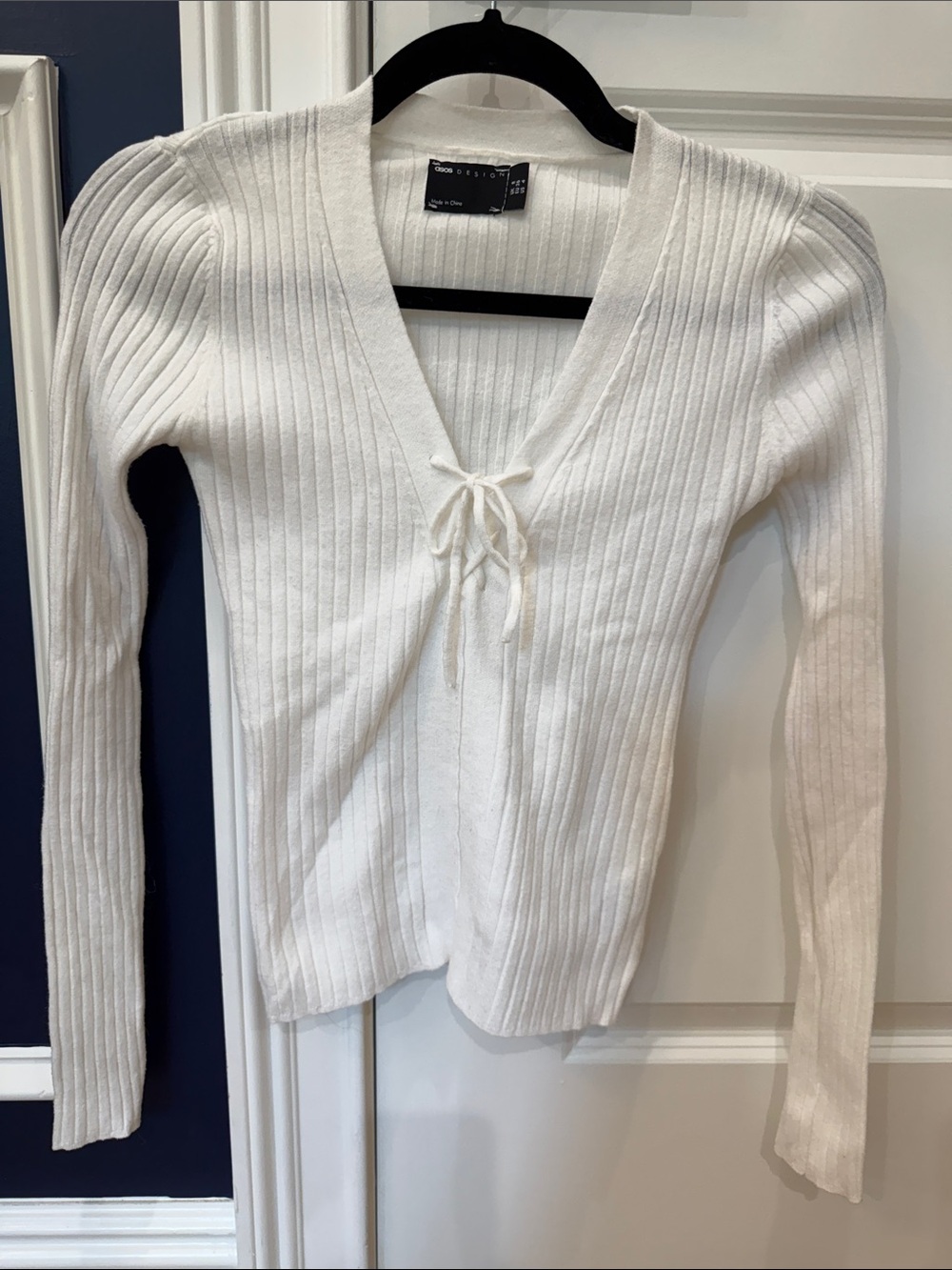 ASOS White Ribbed V-Neck Tie-Front Top
